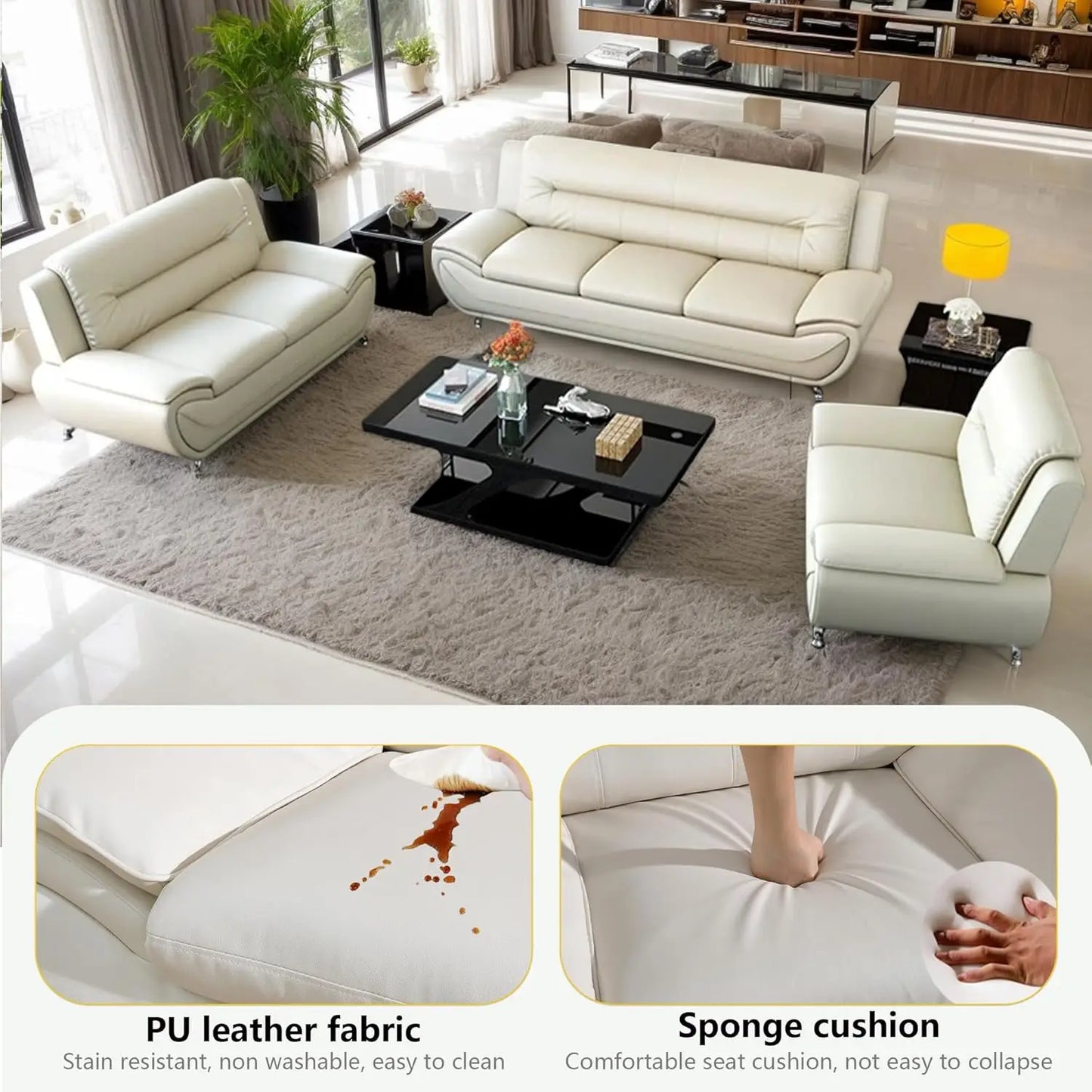 Leather Living Room Sofa Set With Metal Leg Supports