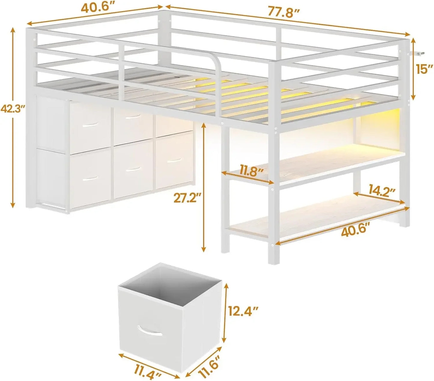 XMSJH Loft Bed With 6 Drawers LED Lights Metal Frame