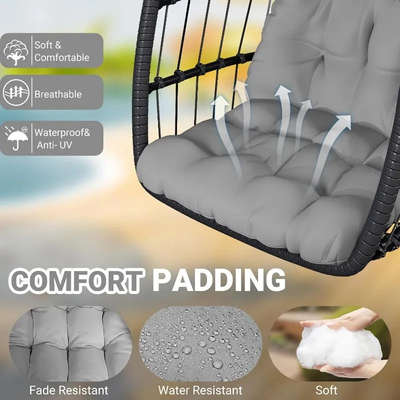 Egg Chair With Stand Rattan Wicker Hanging Swing For Bedroom Porch Garden Aluminum Frame UV Resistant Cushion 350 LBS