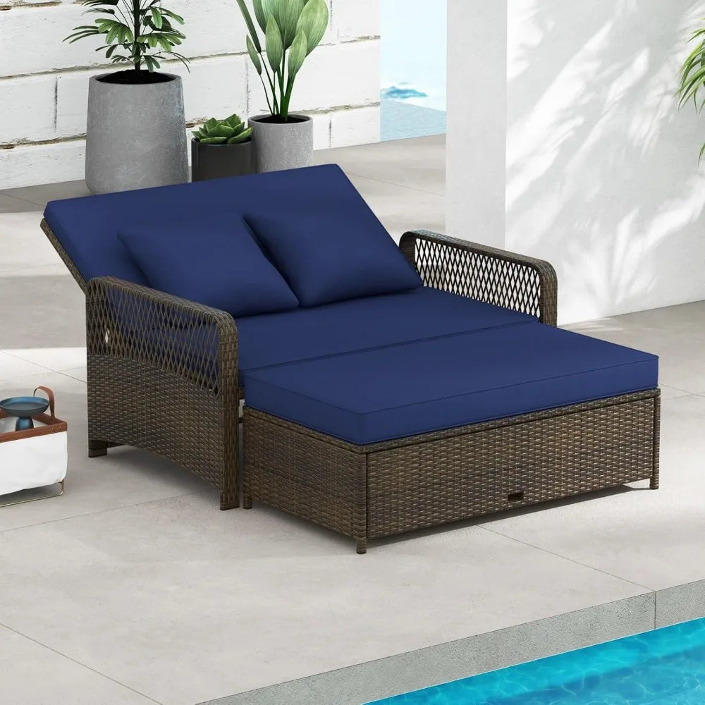 Patio Adjustable Wicker Daybed, Rattan Loveseat & Storage Ottoman w/ 4-Level Backrest & Soft Cushions, Space-Saving 2-Person Su
