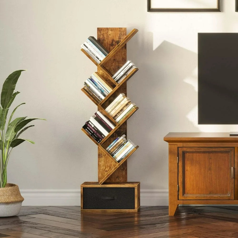 7 Tier Tree Bookshelf With Drawer Storage Rack Living Room