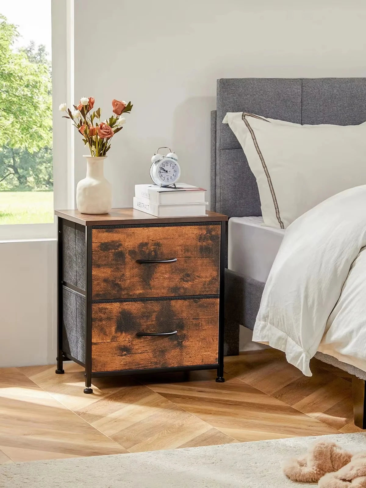 JHK Nightstand Bedside Table With Fabric Drawers For Bedroom