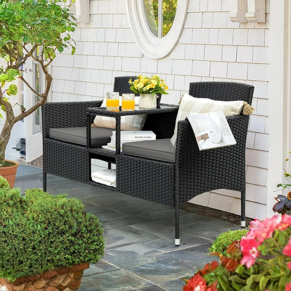 Outdoor Furniture Patio Loveseat Wicker 2-Seat with Built-in Table and Cushions Rattan Porch Chairs Bench for Balcony, Lawn, Ba