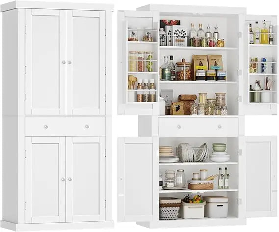 Four-Door Tall Kitchen Pantry Cabinet with Drawer and Adjustable Hanging Shelves