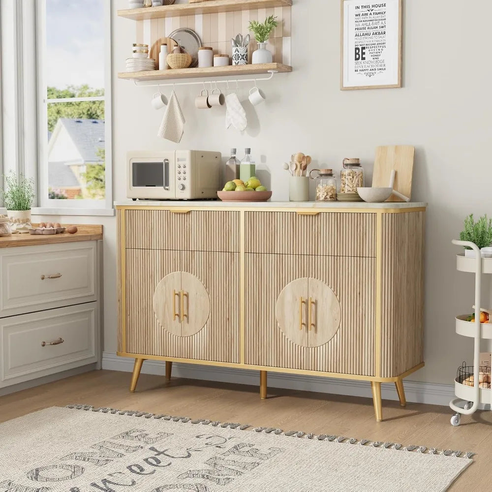 "47.2" Fluted Buffet Cabinet - Modern Coffee Bar with 2 Drawers & Adjustable Shelves, Kitchen/Dining Room Sideboard"