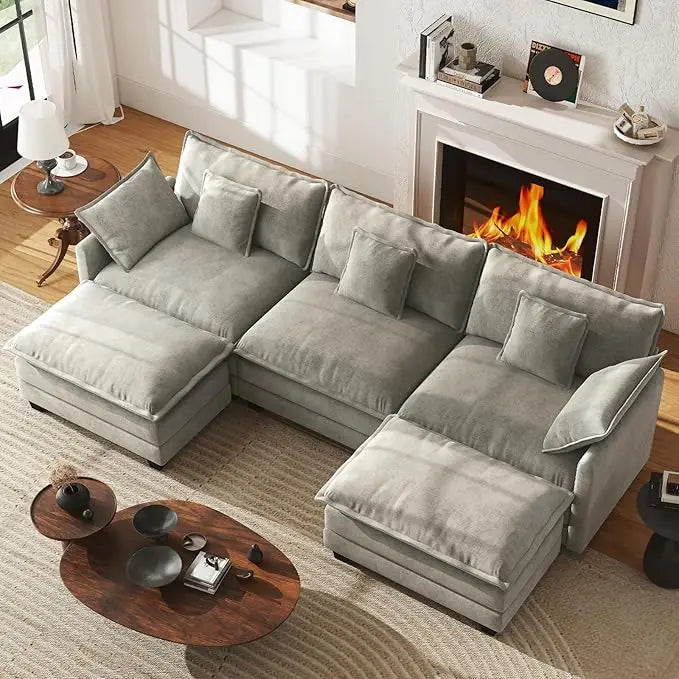 U Shape Modular Sectional Chenille Sofa With Two Movable Ottomans