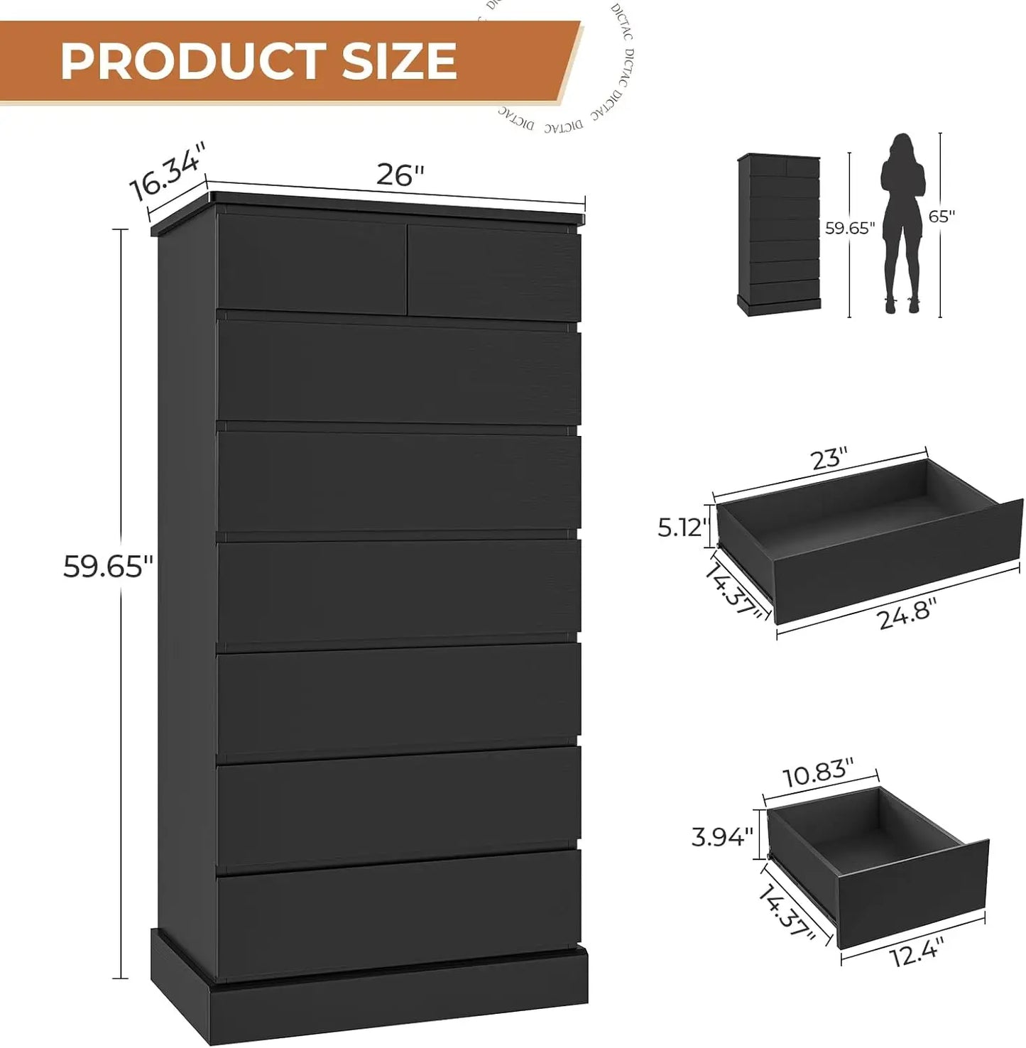 Black Tall Dresser for Bedroom with 8 Drawers, 59.6" Tall Dressers & Chests of Drawers, Modern Wood Closet Organizer