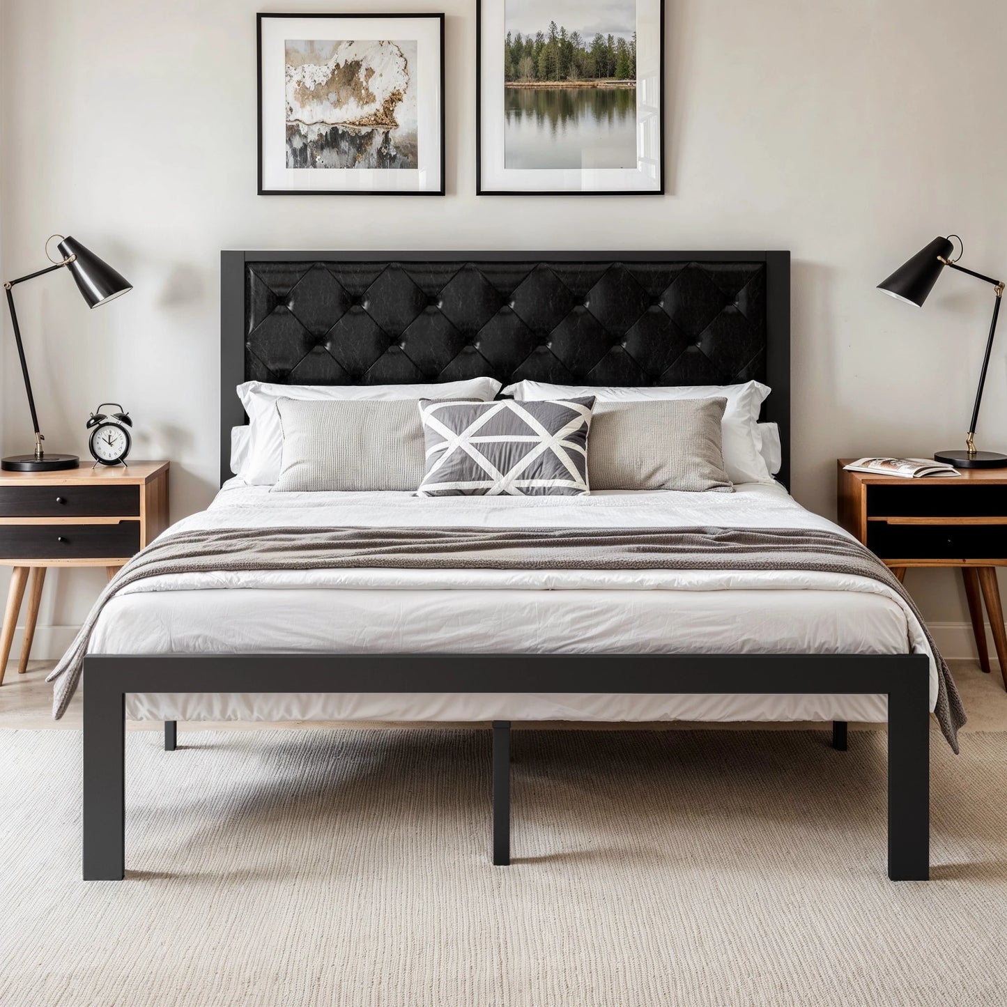 HOOMIC Metal Bed Frame With Upholstered Headboard In Linen Fabric Sturdy Foundation No Box Spring Needed
