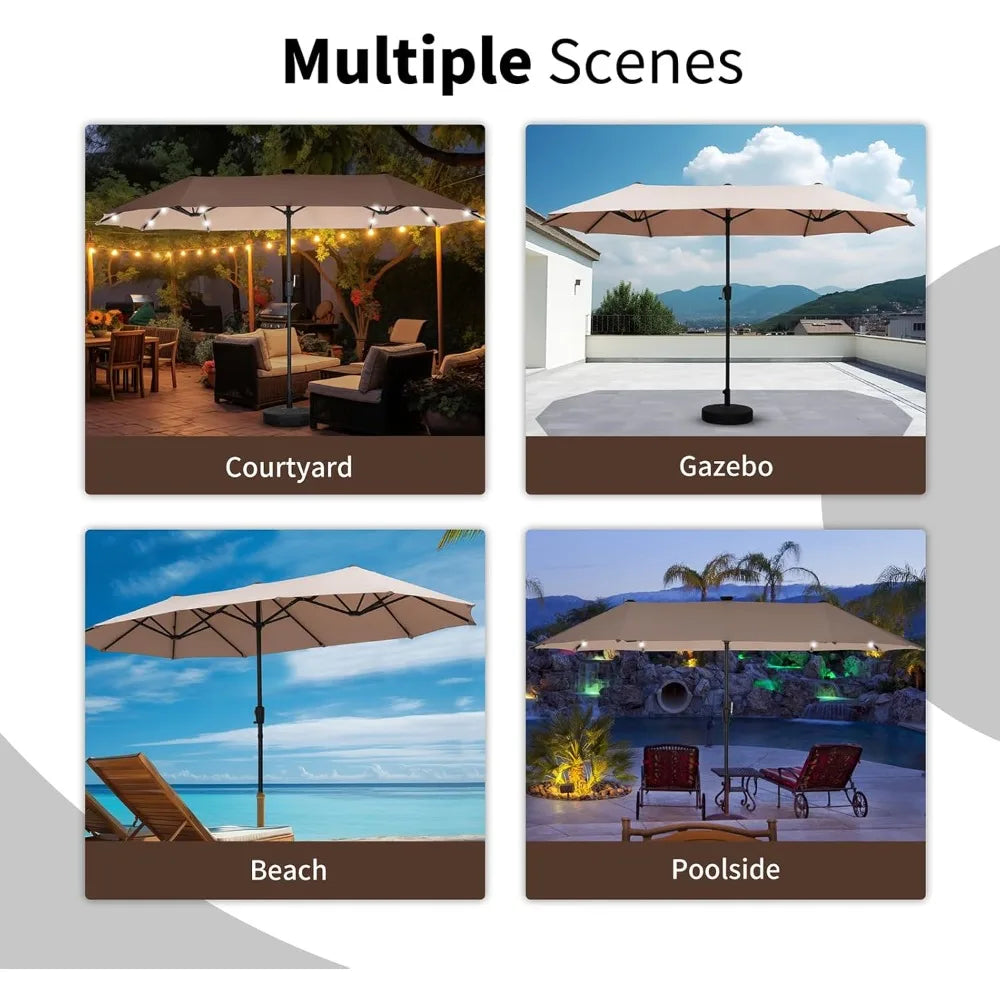 13 FT Rectangular Patio Umbrella and Matching Base with 36 Solar Powered LED Lights Ultimate Sun Protection