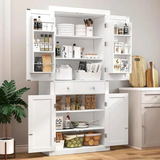 72” Kitchen Pantry Cabinet, Cupboard with 6 Hanging Shelves, Tall Storage Cabinet with 4 Doors and 1 Drawer, Kitchen Cabinet