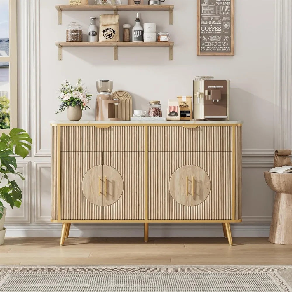 "47.2" Fluted Buffet Cabinet - Modern Coffee Bar with 2 Drawers & Adjustable Shelves, Kitchen/Dining Room Sideboard"