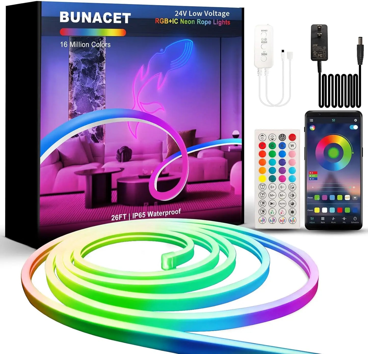 BUNACET RGBIC Neon LED Strip Lights With Bluetooth RF Remote