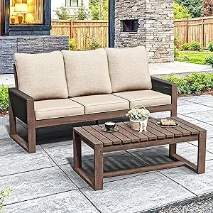 MKDK Patio Wood and PET Rope Sofa With Coffee Table