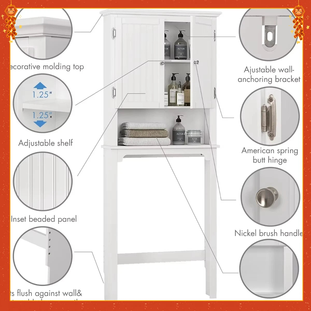 White Over-Toilet Storage Cabinet with Double Doors. Adjustable Shelf Organizer for Bathroom Space Saving.