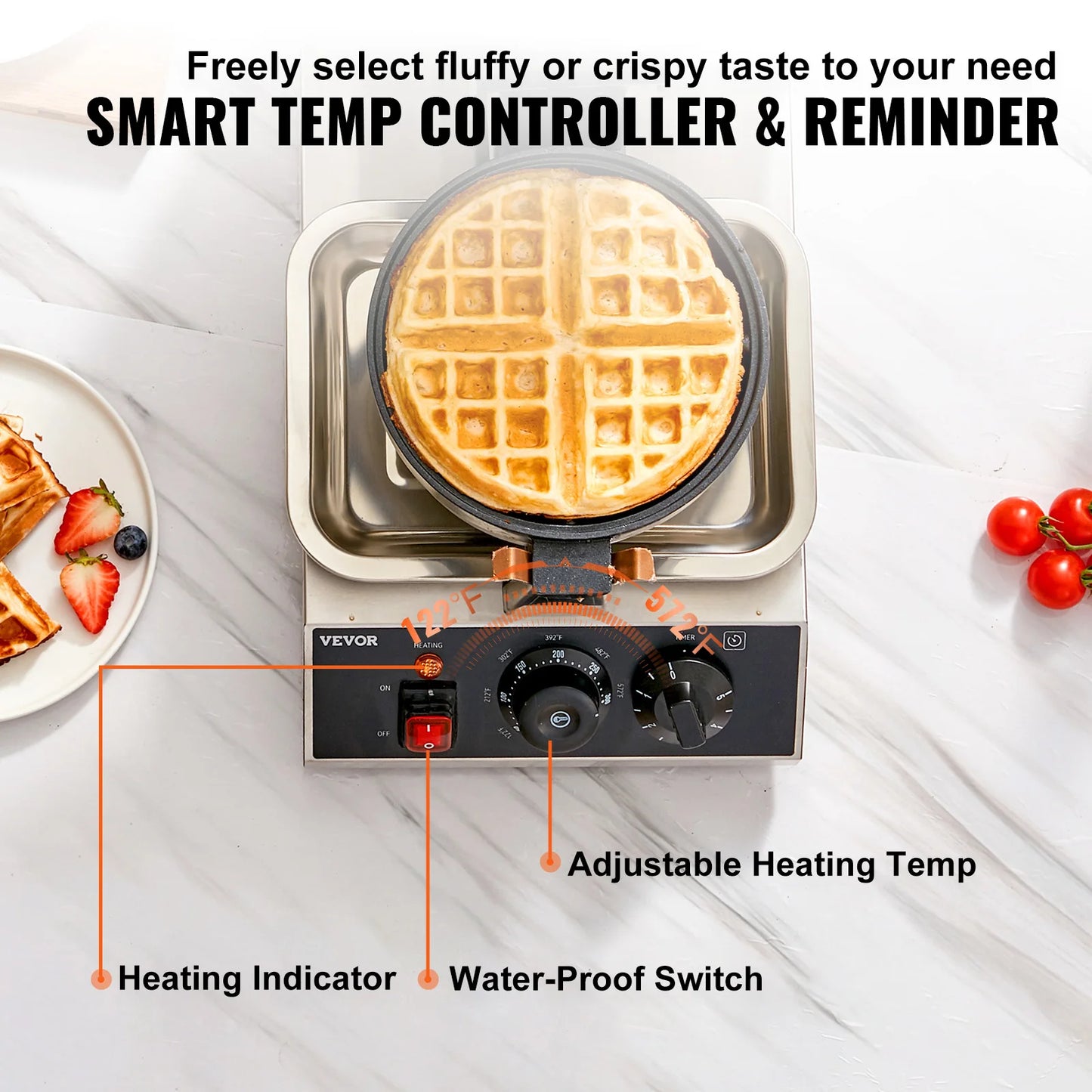 VEVOR Electric Waffle Maker Nonstick Round Stainless Steel