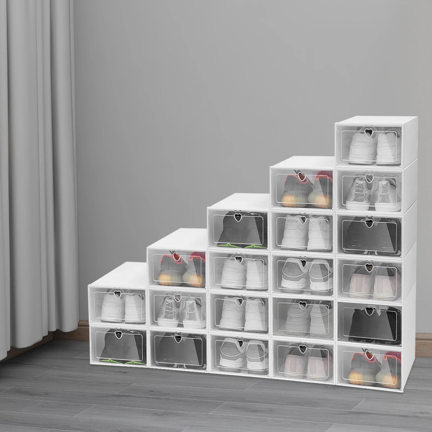 20/24 PCS Shoe Boxes White Large (Round Hole/Love) Thick Version,Transparent Shoes Organizers,Stackable Combined Shoe Cabinet