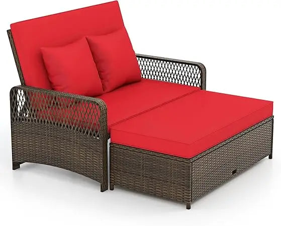 Patio Adjustable Wicker Daybed, Rattan Loveseat & Storage Ottoman w/ 4-Level Backrest & Soft Cushions, Space-Saving 2-Person Su