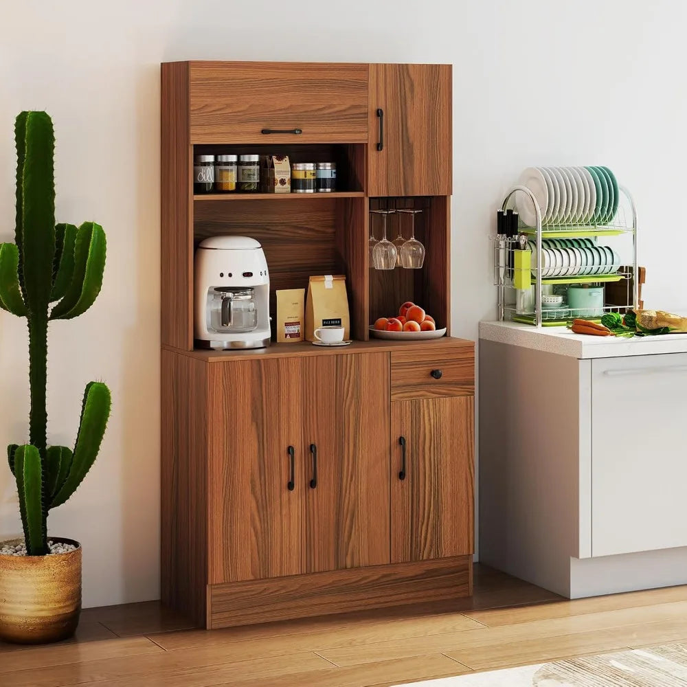 Kitchen Pantry Cabinet 66" with Charging Station, Tall Buffet Hutch Cabinet with Microwave Stand, Storage Drawers, Adjustable Sh