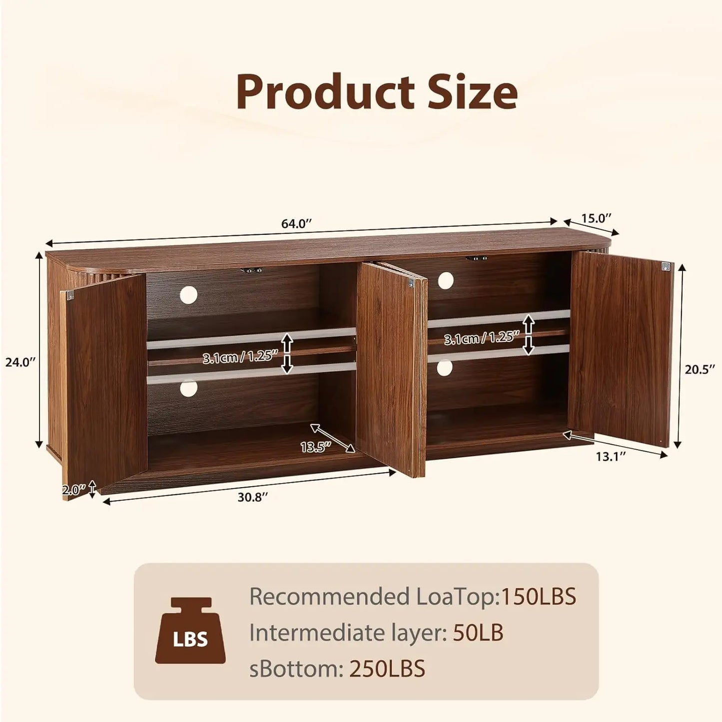 GUOHE Fluted Walnut Sideboard Buffet With Storage Cabinet