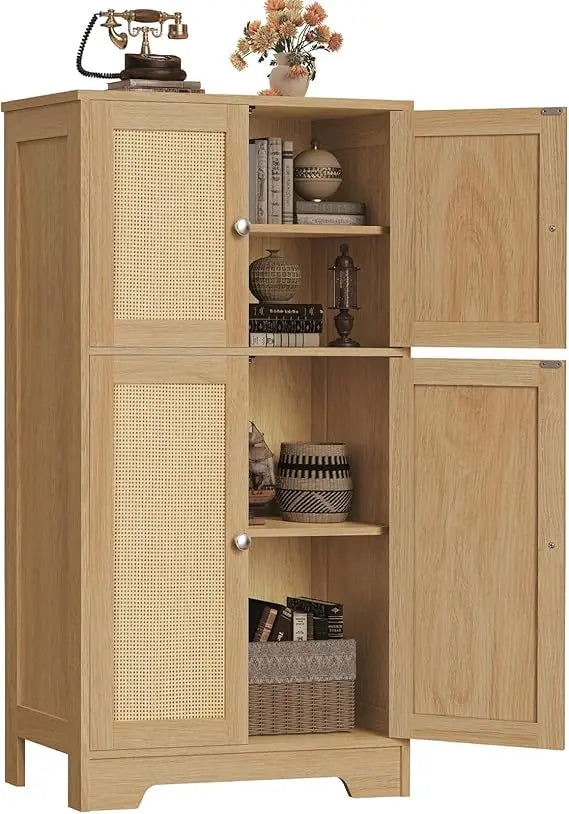 Rattan Door Storage Cabinet with Adjustable Shelves for Bathroom and Living Room