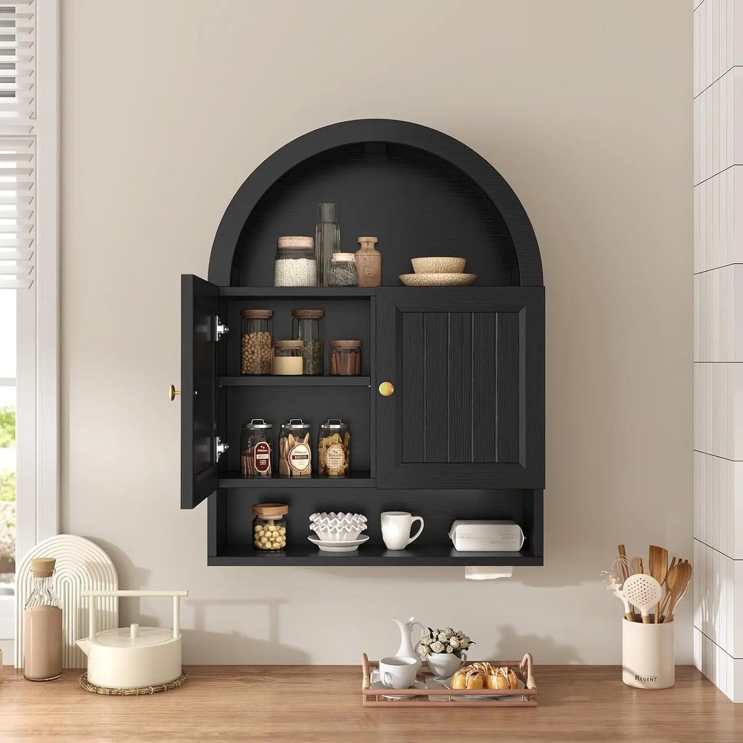 Arched Wall Cabinet Over Toilet With Grille Door And Adjustable Shelf