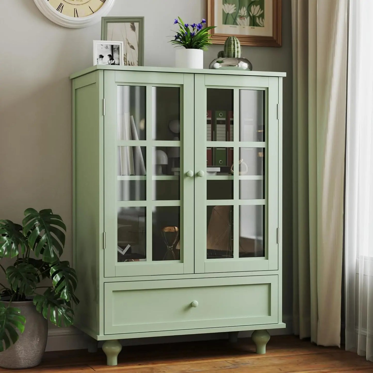 ANGDUO Buffet Cabinet With Glass Doors And Drawer Storage