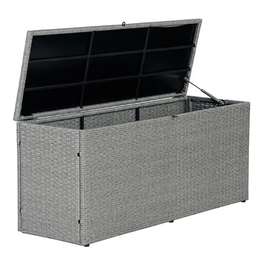 Modern Minimalist Outdoor Faux Wicker Storage Box Weatherproof Lockable Patio Trunk Durable Metal Frame Gray Texture TRK1001A