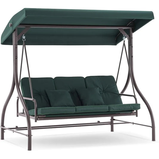 3-Seat Outdoor Patio Swing Chair, 2-in-1 Convertible Porch Swing Glider Chair with Removable Cushions, Adjustable Canopy