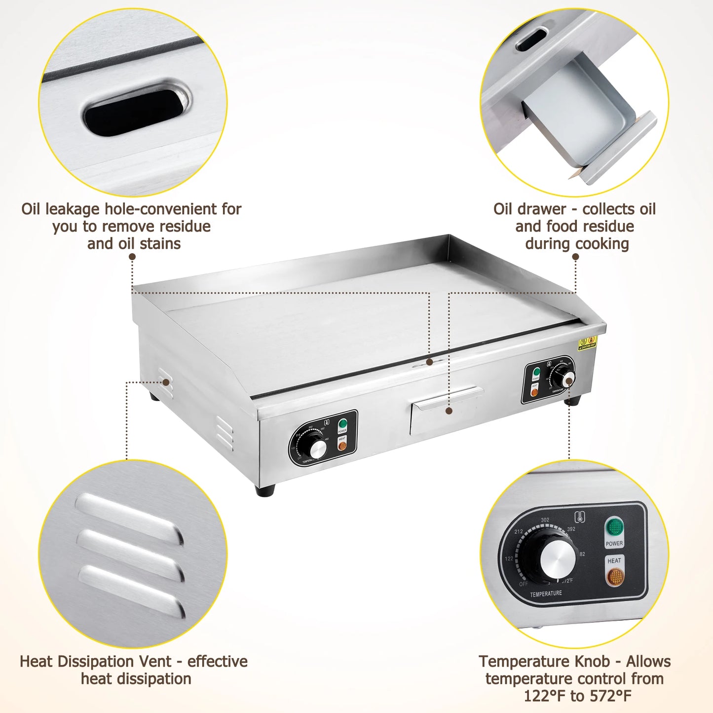 Adoolla 1500W 110V Commercial Electric Grill Teppanyaki Nonstick Countertop