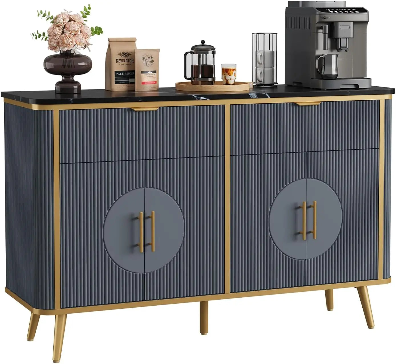 "47.2" Fluted Buffet Cabinet - Modern Coffee Bar with 2 Drawers & Adjustable Shelves, Kitchen/Dining Room Sideboard"