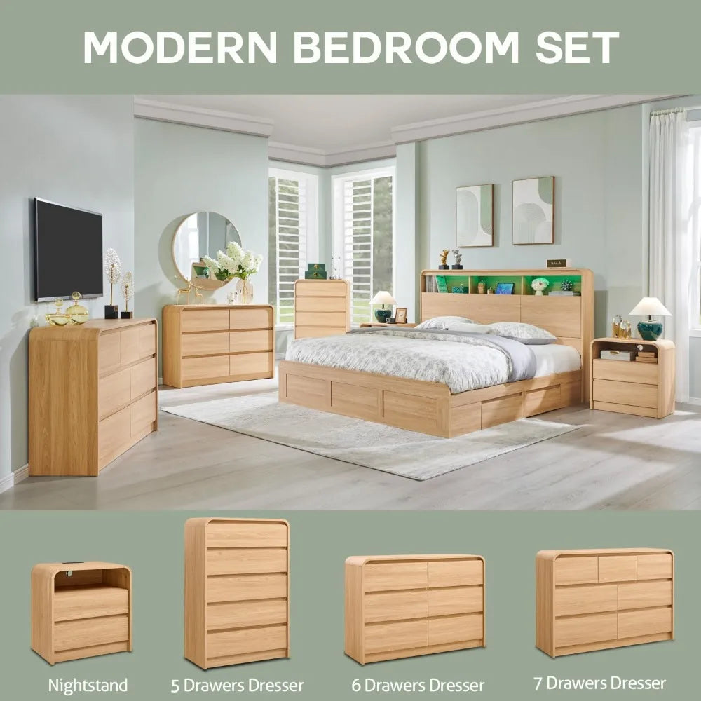 6 Drawers Dresser for Bedroom, 47 Wide Wood Dressers & Chests of Drawers with Curved Profile Design, Mid Century Modern Dresser