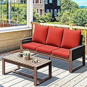 MKDK Patio Wood and PET Rope Sofa With Coffee Table