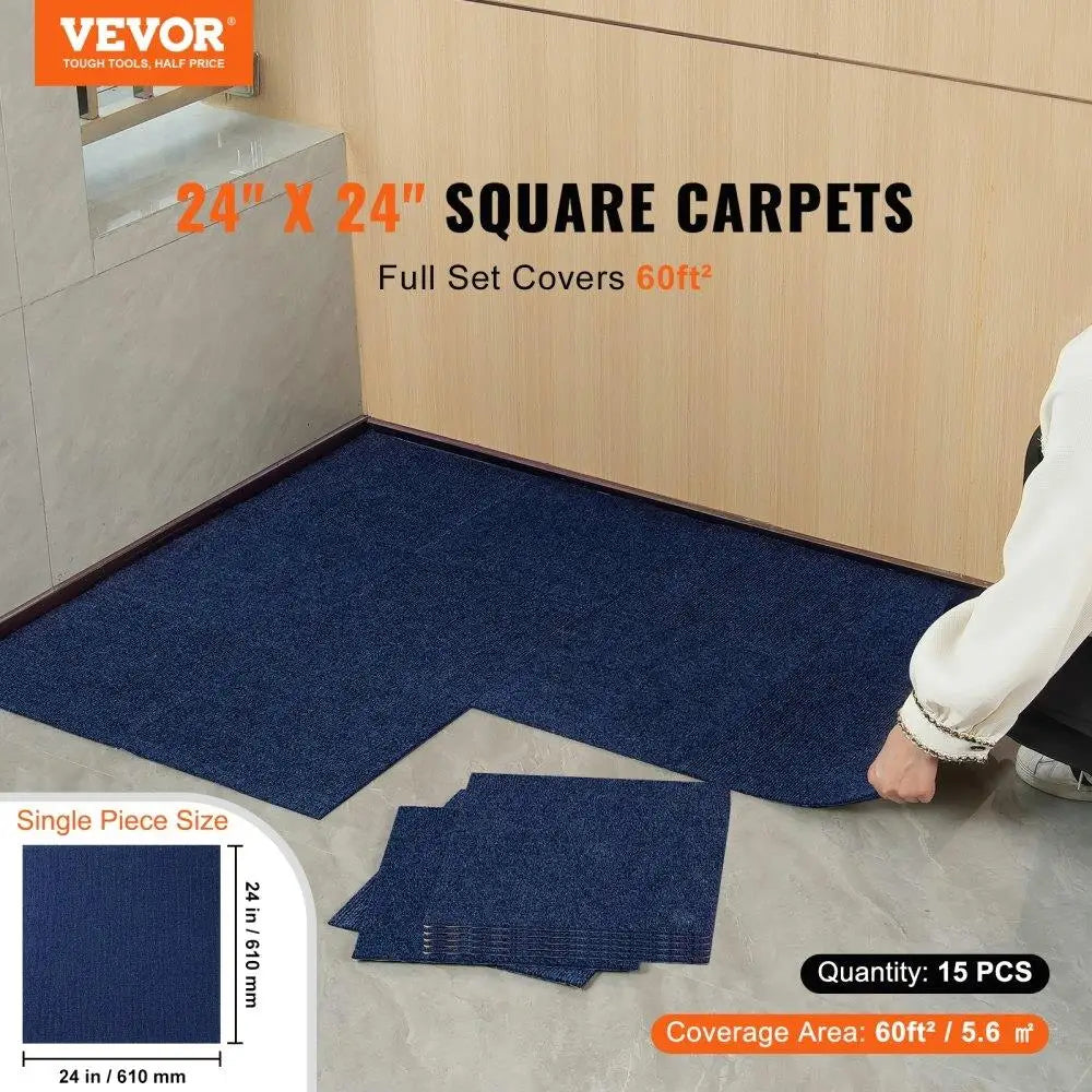 Peel and Stick Carpet Tiles 24x24 Self-Adhesive Soft - 15 Dark Blue Padded DIY Floor Tiles for Indoor/Outdoor Use