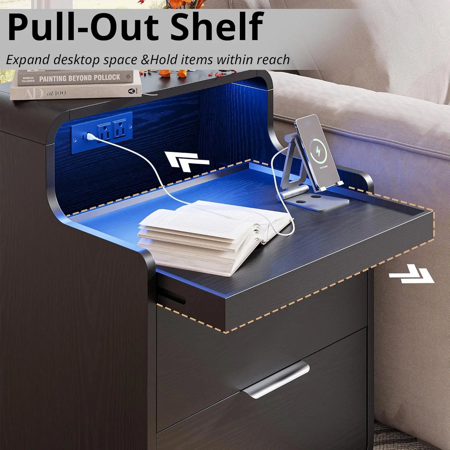 Likimio Nightstand With Charging Station And LED Lights Bedside Table With Pull Out Shelf For Bedroom Black