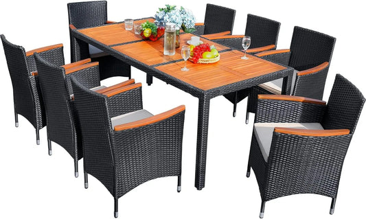 9 Piece Patio Dining Set Outdoor Acacia Wood Table and Chairs with Soft Cushions Wicker Patio Furniture for Deck, Backyard