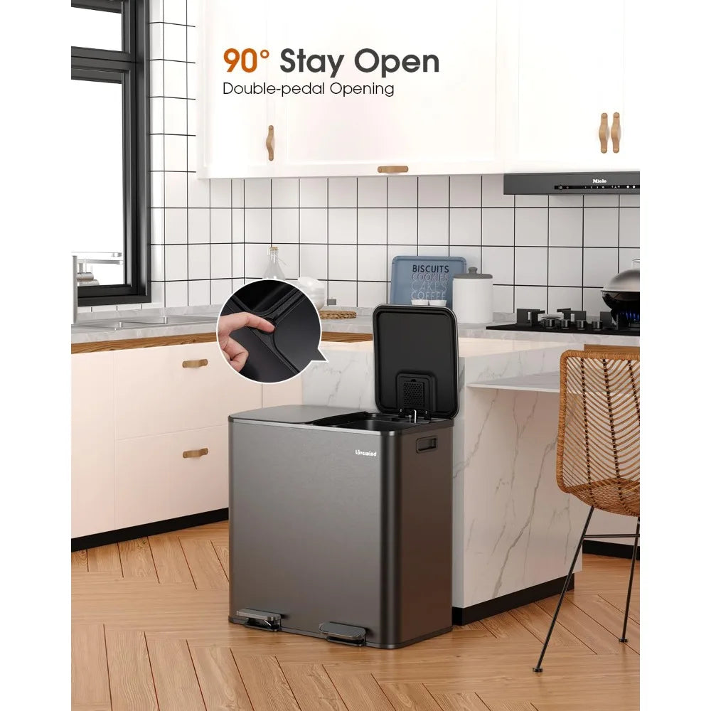 Trash Can, 2 x 10.5 Gallon (2 x 40 L) Garbage Can for Kitchen Dual Compartment Recycling Kitchen Step Trash Bin, Stainless Steel