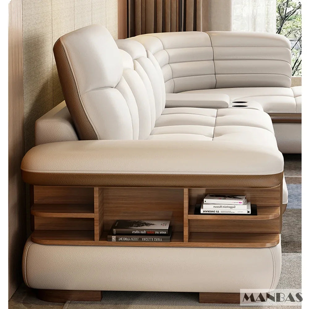 Linlamlim Luxury L Shaped Leather Sectional Sofa With USB Bluetooth