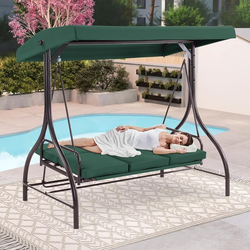 3-Seat Outdoor Patio Swing Chair, 2-in-1 Convertible Porch Swing Glider Chair with Removable Cushions, Adjustable Canopy
