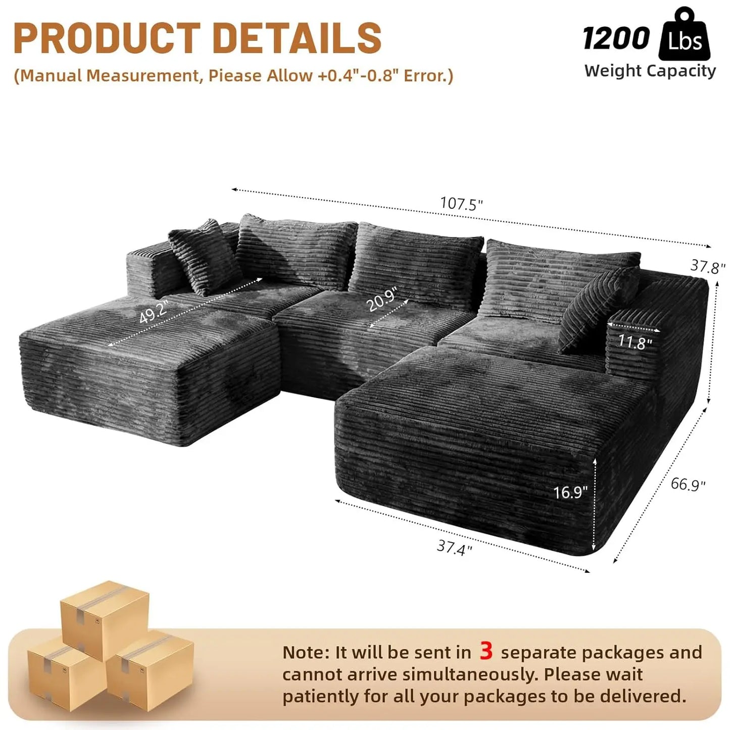 Modular Sectional Sofa With Ottomans Corduroy Upholstery