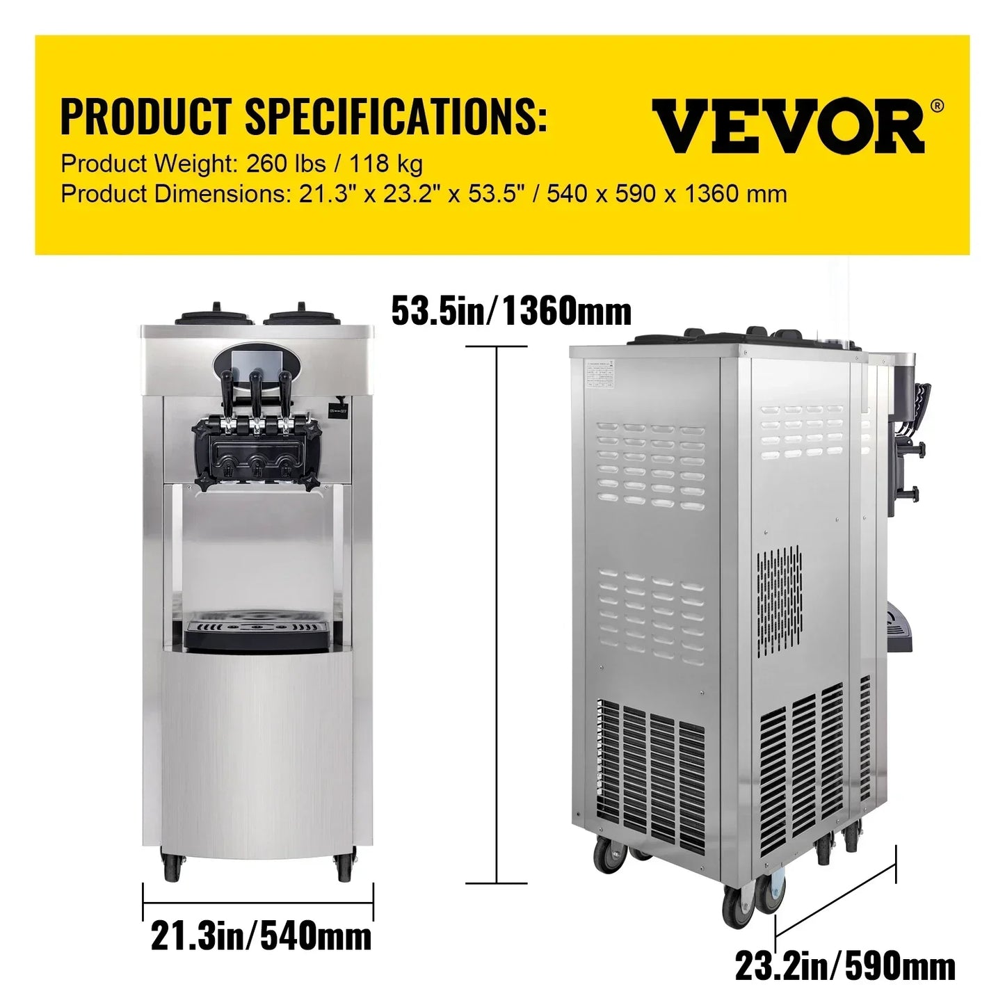 VEVOR 2200W Commercial Soft Ice Cream Machine 3 Flavors