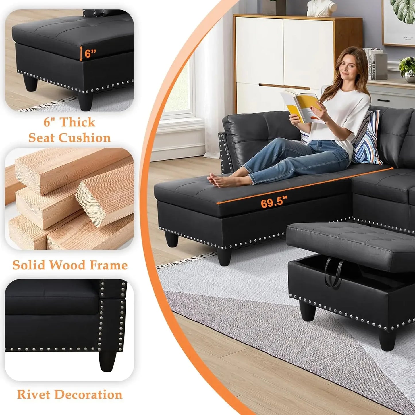 Combination L Shaped Sectional Sofa Chaise Ottoman Pillows