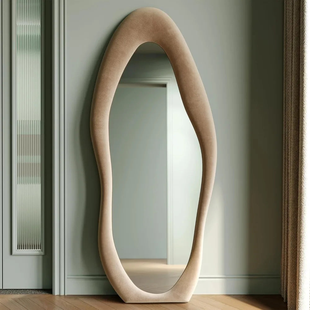 63x24 inch full-length mirror, irregular wave mirror hanging or leaning against the wall in the dressing room/bedroom