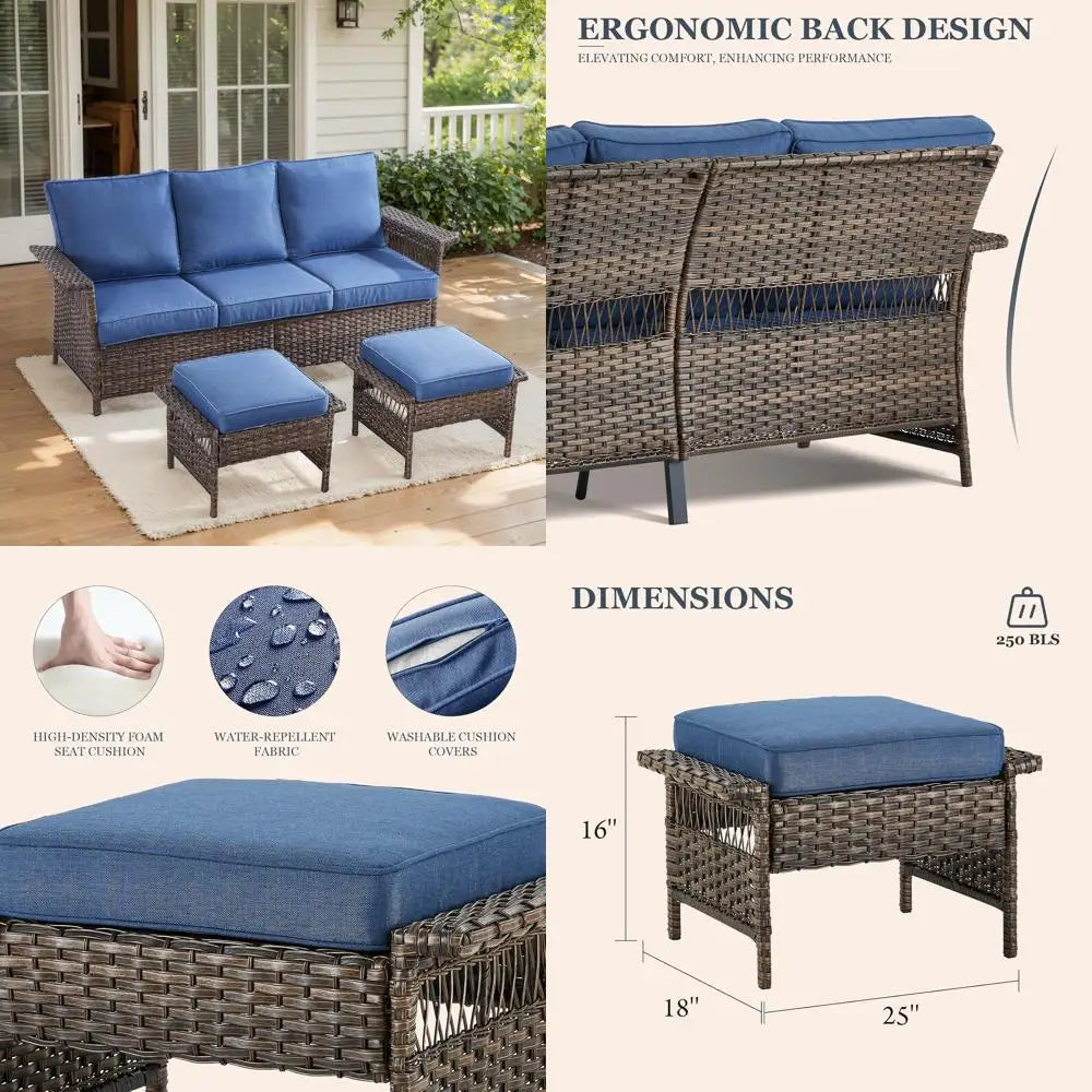 Outdoor Wicker Sofa Set with Two Ottomans and Blue Cushions for Patio, Garden, Balcony, Sunroom, and Backyard