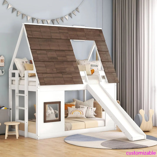 XMSJ Twin Over Twin House Bunk Bed With Roof Window Ladder Slide