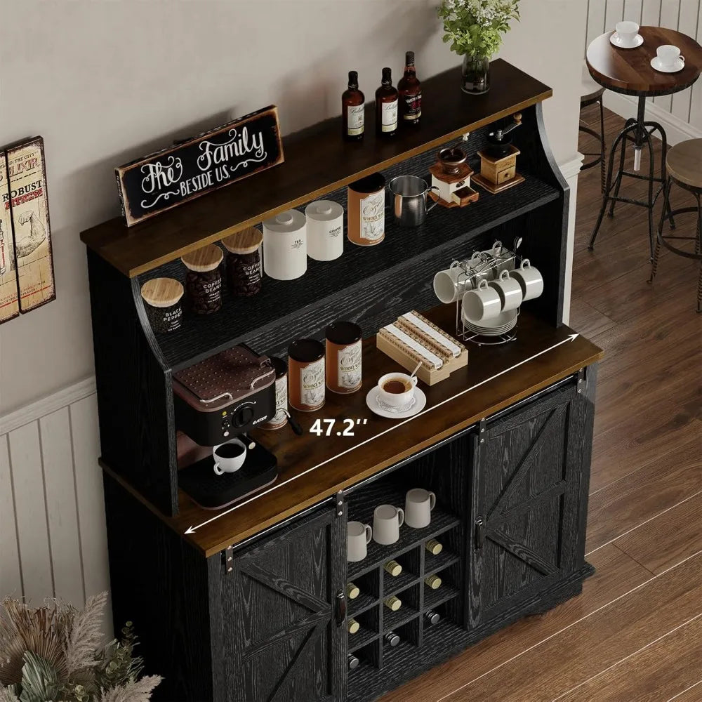 47" Farmhouse Coffee Bar with 3-Tier Storage, Kitchen Hutch with 12 Wine Racks & 3 Glass Holders, Coffee Hutch Cabinet with