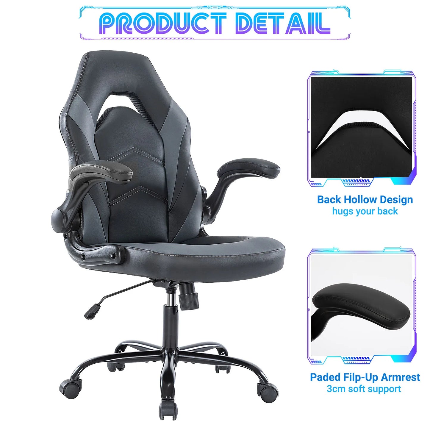 JHK Ergonomic Gaming Office Chair With Adjustable PU Leather Armrests