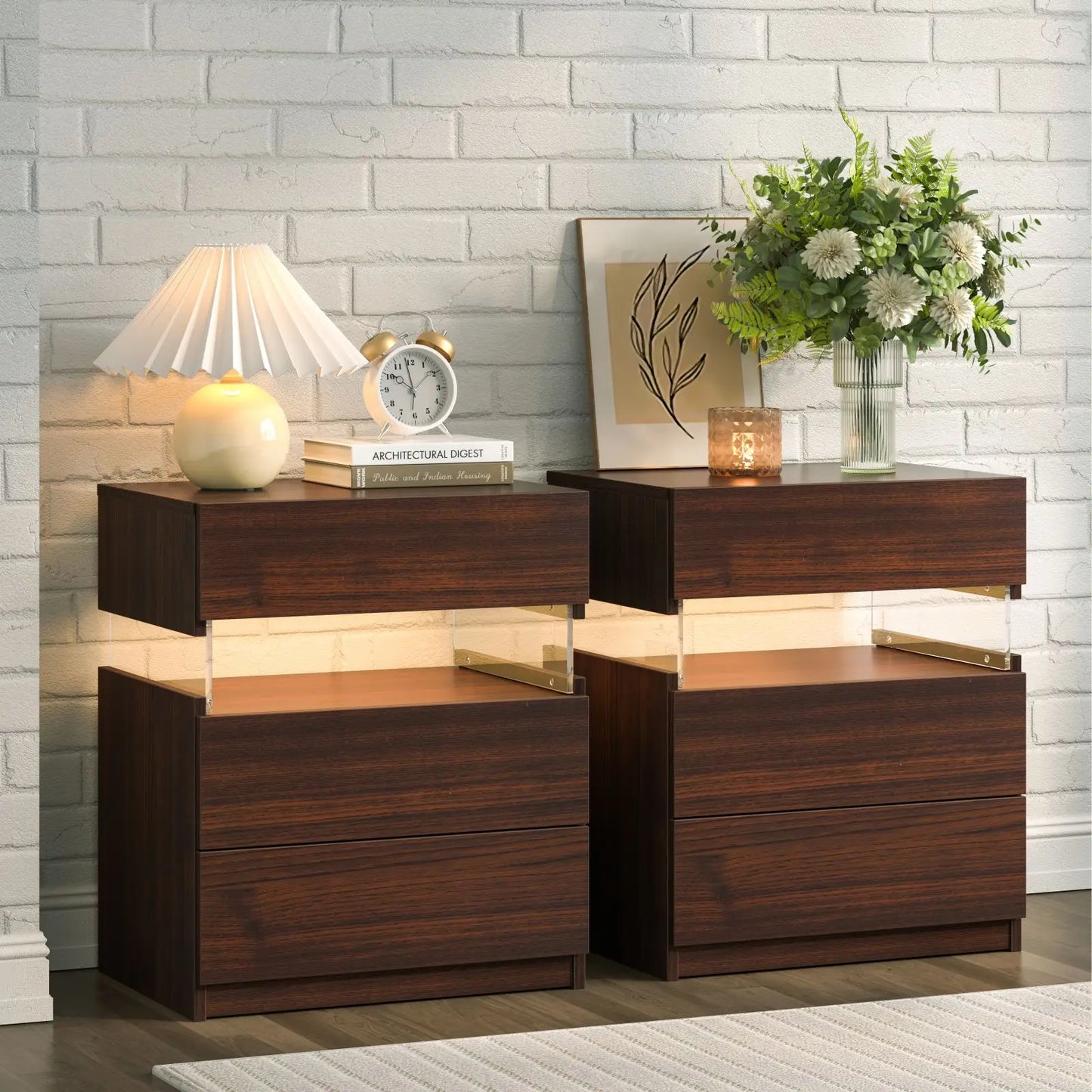 Cubehom Bedside Tables 2Pack With LED Lighting And 3 Drawers