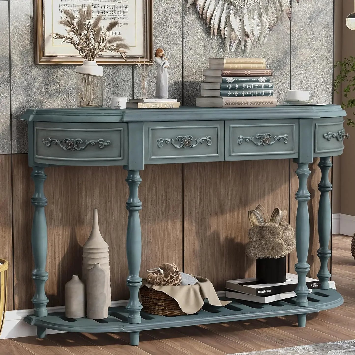 XMSJ Retro Wood Curved Console Table Half Moon Entryway Table