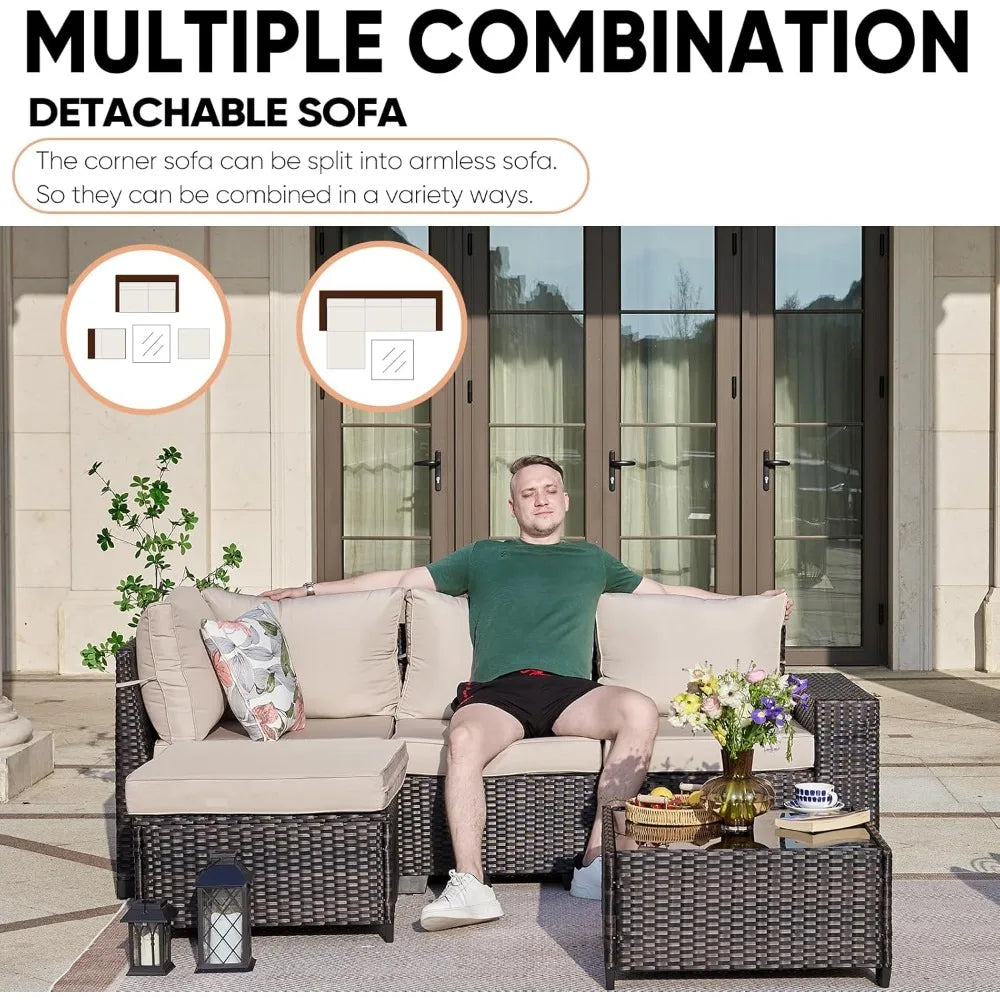 Set 5 Pieces All Weather Patio Conversation Sets Wicker PE Rattan Outdoor Sectional Couch Sofa Set with Cushion Ottoman