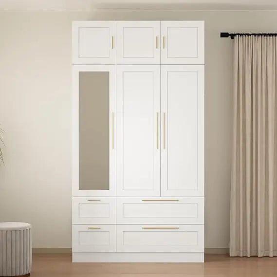 modern wooden wardrobe with mirror, hanging rod, shelves, and 4 drawers for bedroom storage